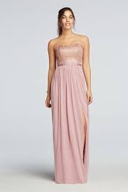 Metallic Lace And Mesh Long Strapless Bridesmaid Dress Rose Gold Metallic 24 Long Bridesmaid Dresses Lace Dress Styles