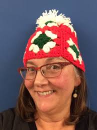 Upcycled granny square Christmas stocking into hat