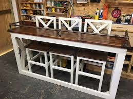 Behind The Couch Bar Top Table Matching Three Stools Farmhouse Style With Piping For Drink Rail Bar Furniture Bar Top Tables Home Bar Furniture