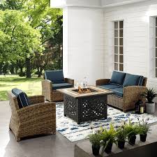 Birch Lane Outdoor Furniture Cushions Lawson 4 Piece Outdoor Wicker Seating Set With Navy Cushions Loveseat Two Arm Chairs Fire Table In 2020 Outdoor Wicker Seating Conversation Set Patio Outdoor Wicker