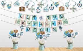 I also love the darling map backdrop that matches the cupcake wrappers; Amazon Com Travel Themed Party Decorations Set Let The Adventure Begin Banner Centerpieces Sticks And Hanging Swirls For Bon Voyage Retirement Farewell Party World Awaits Birthday Baby Shower Decorations Supplie