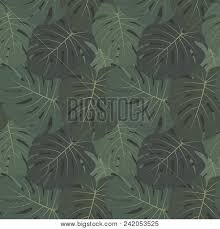 Elegant decorative floral seamless pattern on the grey background. Vector Tropical Seamless Pattern Wallpaper With Dark Green Leaves Of Palm Trees Monstera Plant Elegant Summer