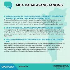 The recently implemented community quarantine in metro manila is a general community quarantine, which limits the movement to and from the area. Kahulugan Ng Community Quarantine