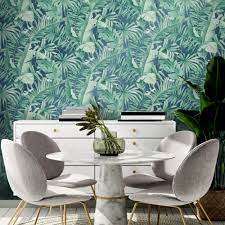 Arthouse deco tropical metallic birds geometric navy blue gold wallpaper. Palma Tropical Wallpaper In Navy I Love Wallpaper