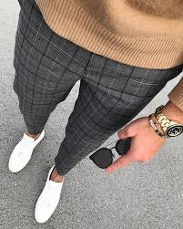 Light Brown Jumler With Casual Plaid Pants For 2018 Mens Outfit Pants Outfit Men Mens Casual Outfits Mens Outfits