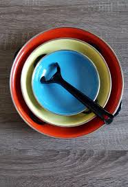 Vintage Stacking Enamel Pan Set With Handle Made In Yugoslavia Colorful Enamelware With Removable Handle Enamel Pan Pan Set Enamelware