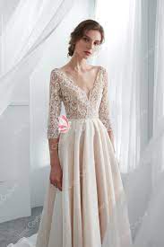 Champagne Beaded Lace Wedding Gown With 3 4 Sleeve Champagne Formal Dresses Wedding Dress Organza Wedding Dresses