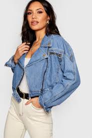 Crop Biker Zip Denim Jacket Boohoo In 2020 Denim Biker Jacket Denim Jacket Womens Fashion Jackets