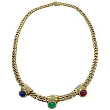 Bulgari sapphire and diamond necklace. Vintage Bulgari Ruby Emerald Sapphire Diamond Gemstone Necklace At 1stdibs