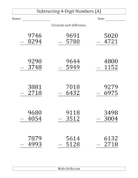 Include subtraction worksheet answer page. Large Print 4 Digit Minus 4 Digit Subtraction A