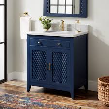 The large size mirror looks beautiful in the blue wall. 30 Thorton Mahogany Vanity For Undermount Sink Bright Navy Blue Blue Bathroom Vanity Navy Blue Bathrooms Blue Bathroom