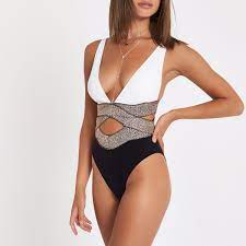 White Block Metallic Elastic Plunge Swimsuit Plunge Swimsuit High Leg Swimsuit Swimsuits
