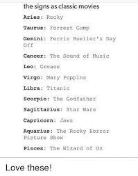 The zodiac sign gemini is all about having fun and letting loose as such they would prefer to stay away from blues and jazz music. The Signs As Classic Movies Aries Rocky Taurus Forrest Gump Gemini Ferris Bueller S Day Off Cancer The Sound Of Music Leo Grease Virgo Mary Poppins Libra Titanic Scorpio The Godfather Sagittarius Star