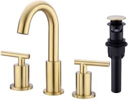 Because it sees a lot of action over the course of a day, week or year, a bathroom faucet should be. Trustmi 2 Handle 8 Inch Brass Bathroom Sink Faucet 3 Hole Widespread With Valve And Cupc Water Supply Hoses With Overflow Pop Up Drain Assembly Brushed Gold Amazon Com