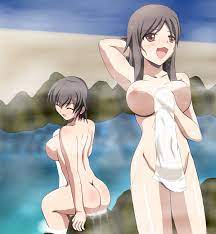 nakashima naomi, shinohara seiko, corpse party, artist request, highres,  2girls, ass, back, blush, breasts, brown eyes, brown hair, closed eyes,  convenient censoring, from behind, large breasts, long hair, multiple  girls, naked towel,