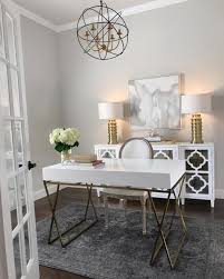 Home Office Inspiration White And Gold Desk White Mirrored Sideboard Gold Table Lamps Gray Rug Zga Home Office Decor Home Office Design Modern Home Office