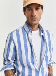 GANT Linen Blend Regular Fit Stripe Shirt, Rich Blue