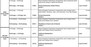 Carian maklumat tarikh dan masa peperiksaan spm setiap subjek termasuklah ujian lisan serta ujian bertulis fasa 1 dan fasa 2 dikeluarkan oleh lembaga peperiksaan kpm. Jadual Waktu Peperiksaan Spm 2018 13 November 2018 13 Disember 2018 Bumi Gemilang