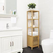 Amazon Com Songmics 4 Tiers Bamboo Floor Cabinet Storage Tower Multifunctional Shelving Unit Natural Ubcb50y Home Kit Bamboo Bathroom Shelves Shelving Unit