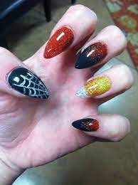 Halloween Candy Corn Stiletto Spider Web Black And Red Acrylic Nails Halloween Acrylic Nails Red Acrylic Nails Halloween Nails