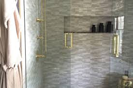 Crl frameless shower enclosure 2. White Glass Shower Door With Brass Handle Filled With Gray Tiles Contemporary Bathroom