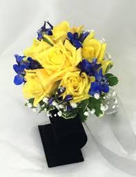Black And Blue Roses Delivery A Hand Tied Bouquet Of Yellow Roses Dark Blue Delphinium And Babies Breath Prom Flowers Promflowers Yel Prom Flowers Blue Delphinium Hand Tied Bouquet
