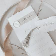 Handmade Torn Paper Wedding Menus And Tassel Place Settings In 2020 Natural Wedding Stationery Wedding Menu Wedding Paper