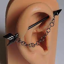 Industrial Barbell Gunmetal Black Arrow Double Piercing Ear Bar Barbell And Chain 14g 1 1 4 Ear Jewelry Industrial Piercing Jewelry Ear Piercings Industrial