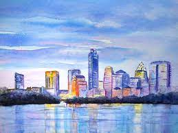 Austin Skyline Sunset Glow Art Print By Carlin Blahnik Carlinartwatercolor Austin Skyline Skyline Painting Original Watercolor Painting