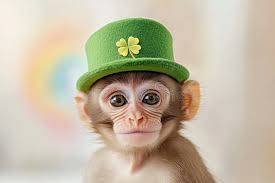Portrait of a Monkey Wearing a Green Hat with a Four-leaf Clover  Celebrating Saint Patrick S Day Stock Photo