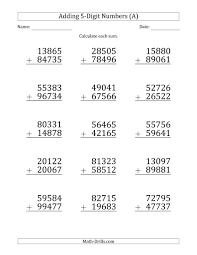 The Large Print 5 Digit Plus 5 Digit Addition With Some Regrouping A Math Worksheet From The Addi Math Work Math Addition Worksheets Math Practice Worksheets