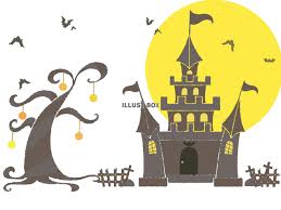 ハロウィン 館と不思議な木のイラスト 線なし：イラスト無料