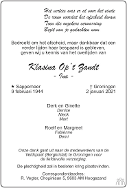 Adverteren in de abonneekrant dagblad van het noorden groningen kan heel eenvoudig en snel. Klasina Op T Zandt 02 01 2021 Overlijdensbericht En Condoleances Mensenlinq Nl