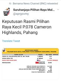 Manogaran, barisan nasional (bn) ramli md nor dan dua calon bebas iaitu wong seng yee. Spr Bn Menang Prk Cameron Highlands