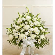 Grand condolence flowers stand comes with white and yellow colour themed. Deepest Condolences All White Flowers Funeral Flowers Funeral Flower Arrangements Floor Baskets
