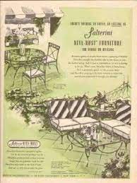The glass top has gone missing. John B Salterini Company 1946 Lasting Neva Rust Furniture Vintage Ad V877 Furniture Ads Vintage Patio Vintage Patio Furniture Vintage Ads