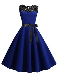 Sapphire Blue Patchwork Lace Sashes Big Swing A Line Cocktail Party Midi Dress Vintage Dresses Retro Dress Cute Prom Dresses