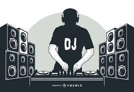 Black And White Silhouette Style Hip Hop Dj Boy Playing With Turntable Headphone On The Head T Shirt And Lots Of Large Speakers In A Row Dj Images Dj Logo Dj