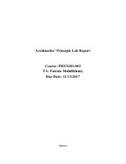 In this lab, you applied archimedes principle to measure the volume of the cylinder and in addition, the. Archimede S Principle 2 Pdf Archimedes Principle Lab Report Course Phys181 003 Ta Fateme Mahdikhany Due Date Abstract In This Laboratory Experiment Course Hero