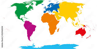 World map coloring page flag coloring pages ocean coloring pages geography activities science activities earth science science and nature continents and oceans map puzzle. Seven Continents Map Asia Yellow Africa Orange North America Green South America Purple Antarctica Cyan Europe Blue And Australia In Red Color Robinson Projection Over White Illustration Stock Vector Adobe Stock