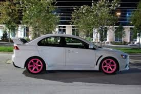 Choose your rim width, offset, bolt pattern and hub diameter from the option list. White Evo With Pink Rims Girly Car Pink Wheels Pink Car