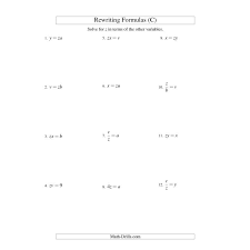 Rewriting Formulas One Step Multiplication And Division C Algebra Worksheet Algebra Worksheets Multiplication And Division Algebra