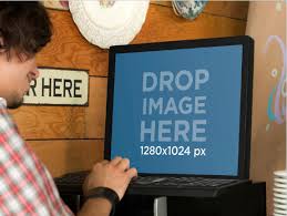 Placeit Restaurant Waiter Entering Orders To Lg Flatron T1710 Mockup Template Marketing Template Templates