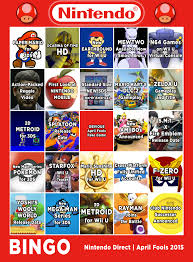 Nintendo direct february 2021 bingo card with breath of the wild 2 trailer, metroid prime 4 trailer, new sonic game, crash 4 is shown, hyrule warriors dlc, crash in smash, rayman in smash, eggman in smash, smash dlc is released by next week and mario 35 and 3d all stars available after march April Fools 2015 Nintendo Direct Bingo Imgur