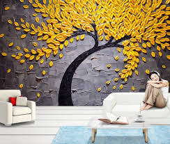 Oil Painting Effect Tree With Yellow Leaves Wallpaper Wall Mural For Living Room And Bedroom Weddingroomwall Wall Room Wallpaper Designs Mural Bird Wallpaper