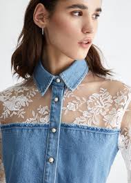 Camicia in pizzo e denim colore denim blu