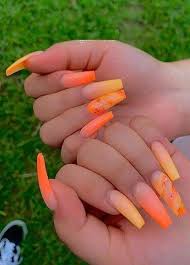 Modern Orange Nails Designs For Ladies To Show Off Nowadays In 2020 Orange Acrylic Nails Orange Nail Designs Orange Nails