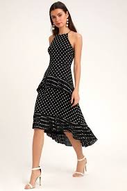 Black And White Polka Dot Midi Dress Envy Black And White Polka Dot Ruffled Midi Dress Midi Ruffle Dress Cute Floral Dresses Womens Dresses