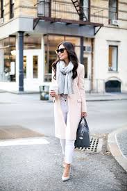 Blush Winter Coat With White Skinny Jeans And Grey Scarf Fashion Blush Pink Coat Wardrobe Outfits
