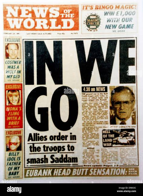 The 'News of the World' Newspaper 10th July 2011. The commemorative final  edition of the newspaper carries a re-print of the Issue, marking the  beginning of the first Gulf War in Iraq,